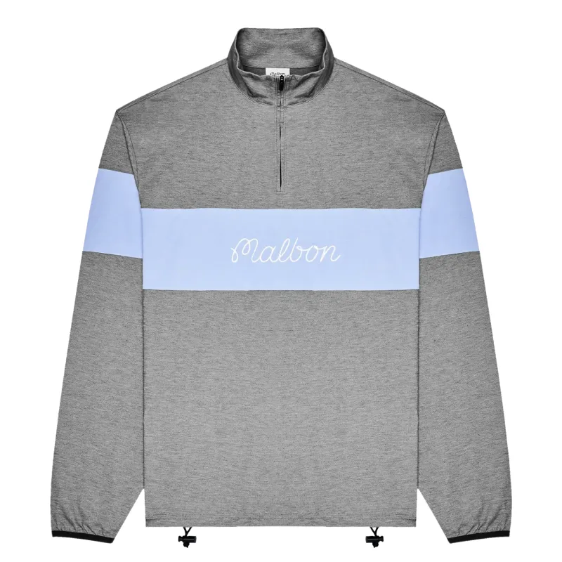 Front product view of the Malbon Horizon Pullover with a grey body, blue chest stripe, and adjustable bungee hem.