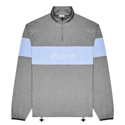 Front product view of the Malbon Horizon Pullover with a grey body, blue chest stripe, and adjustable bungee hem.
