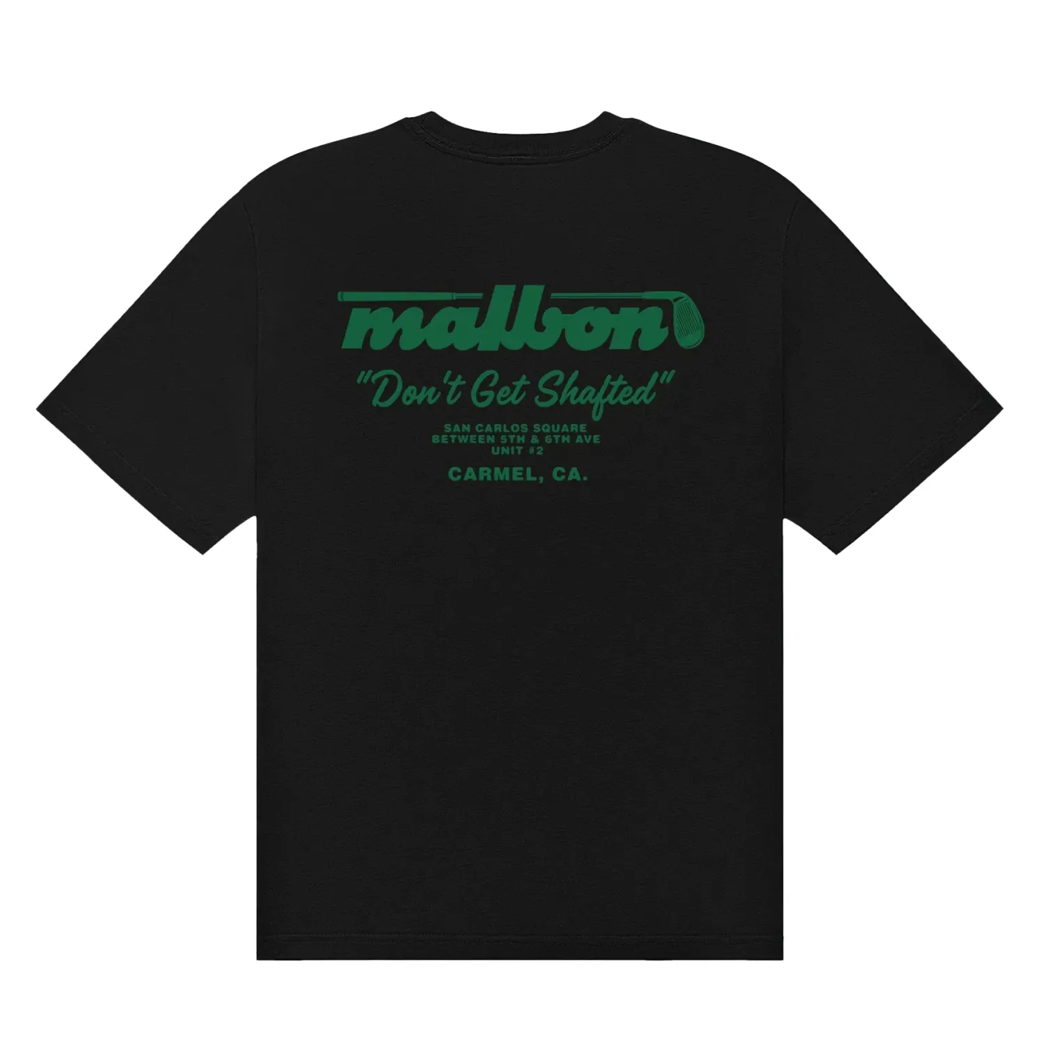 Back product view of the black Malbon Vista Repair Tee with green golf club branding and repair shop text.