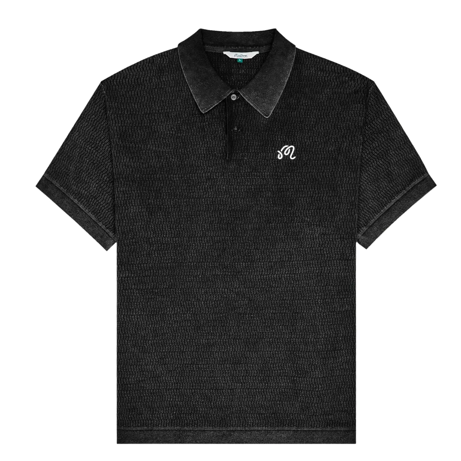 Front product view of the black Malbon Brickwork Polo with short sleeves, ribbed trims, and white chest logo.