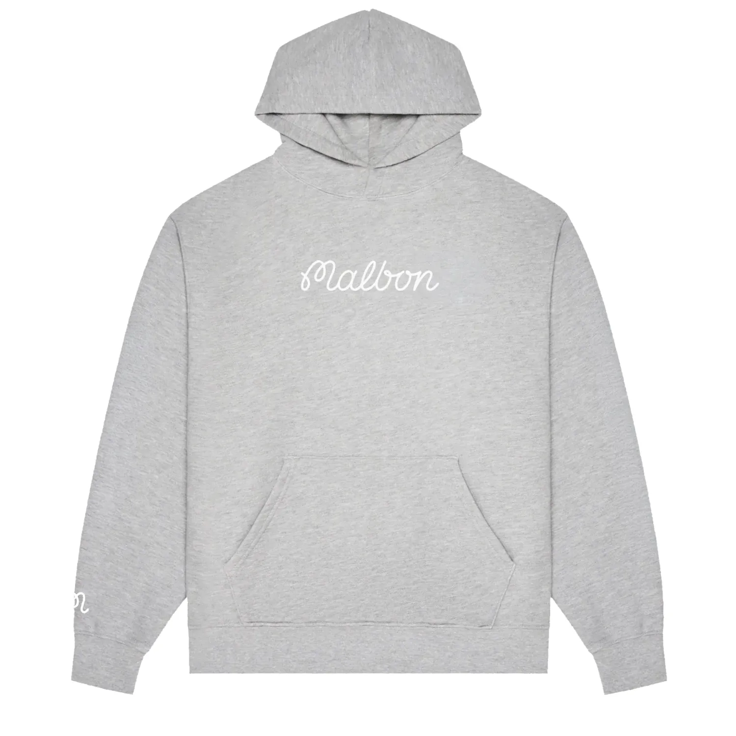 Front product view of the Heather Grey Malbon Fesque Hoodie with white chest script and ribbed trims.
