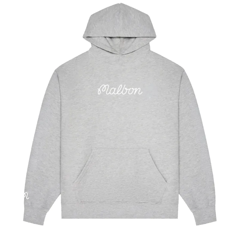 Front product view of the Heather Grey Malbon Fesque Hoodie with white chest script and ribbed trims.