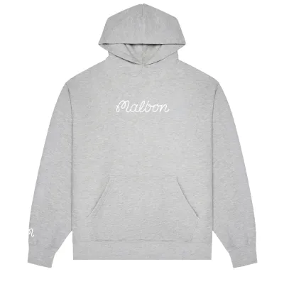 Front product view of the Heather Grey Malbon Fesque Hoodie with white chest script and ribbed trims.