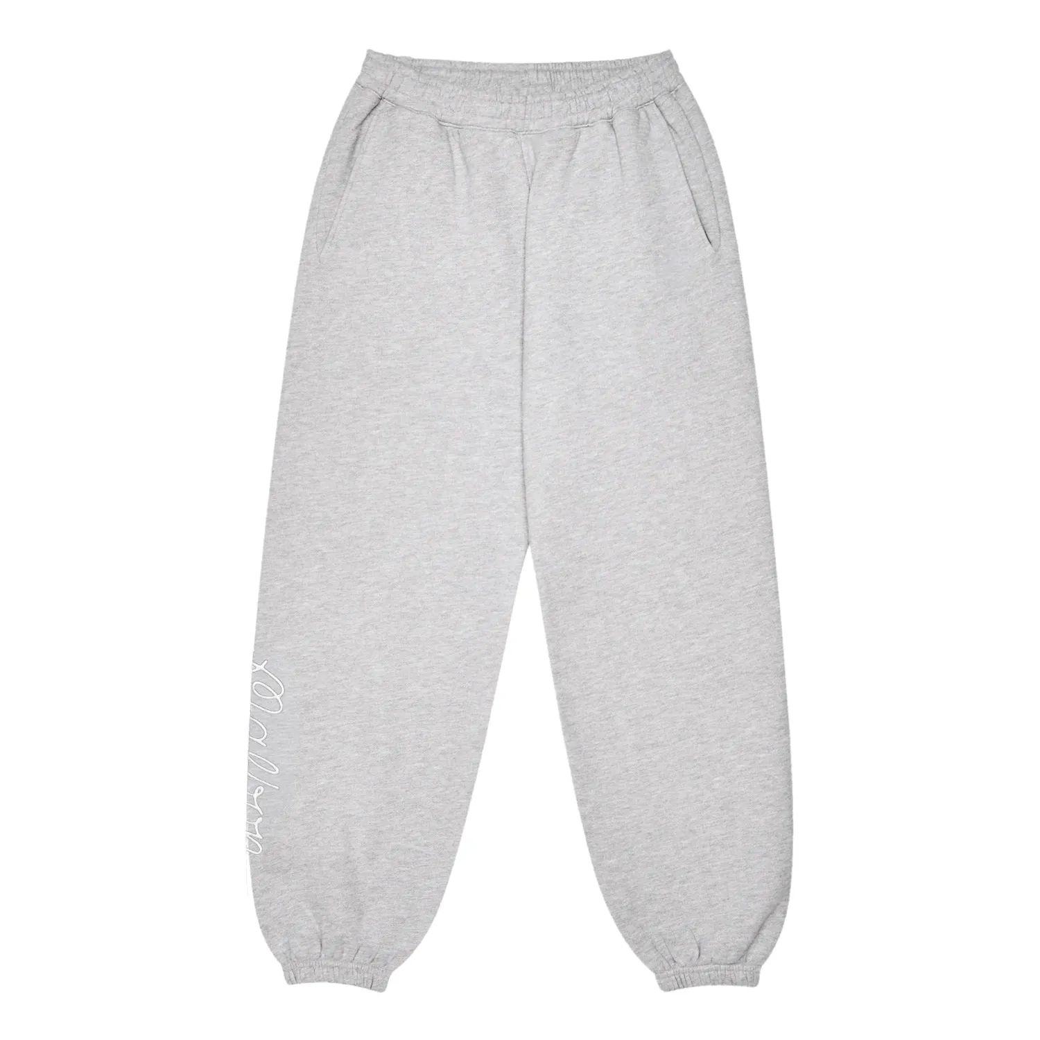 Front product view of the Heather Grey Malbon Clubhouse Sweatpant with slash pockets and white leg script.