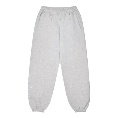 Front product view of the Heather Grey Malbon Clubhouse Sweatpant with slash pockets and white leg script.