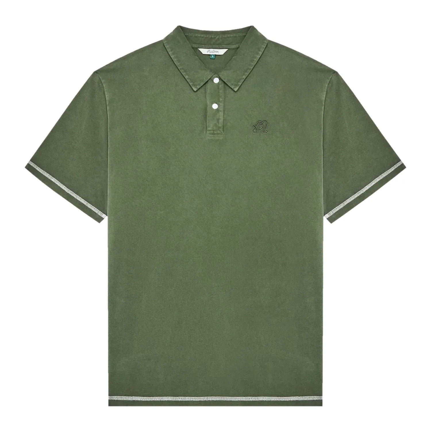 Front product view of the Rifle Green Malbon Fairway Polo with a two-button placket and contrast stitching.