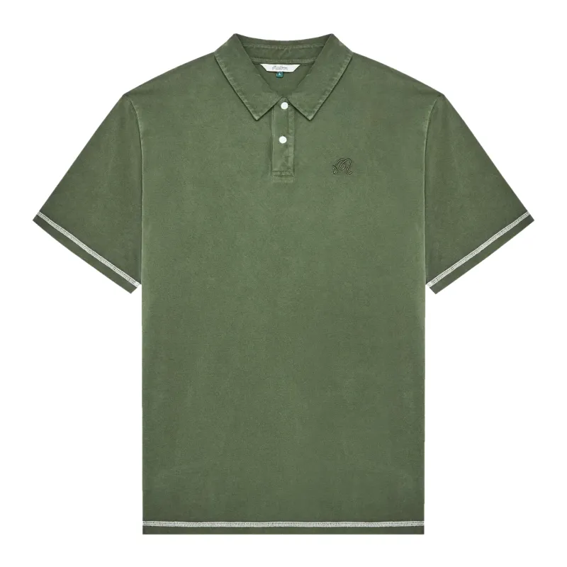 Front product view of the Rifle Green Malbon Fairway Polo with a two-button placket and contrast stitching.