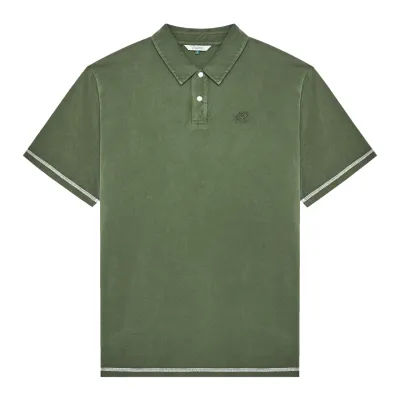 Front product view of the Rifle Green Malbon Fairway Polo with a two-button placket and contrast stitching.