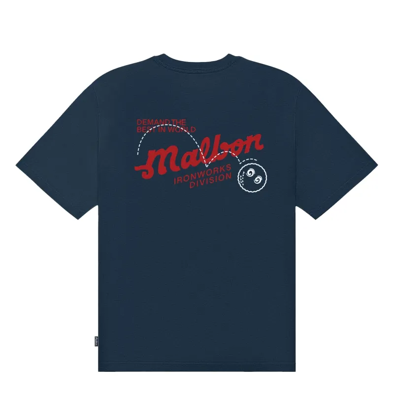 Back product view of the Blueberry Malbon Vista Demand Tee with red Ironworks Division and white golf ball graphics.