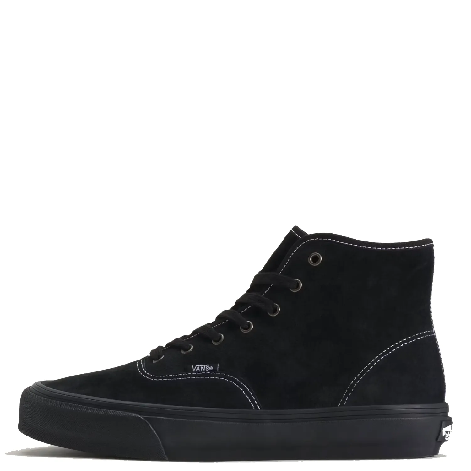 Lateral view of black Vans Authentic Hi 2.0 pig suede high-top with white stitching and a vulcanized sole.