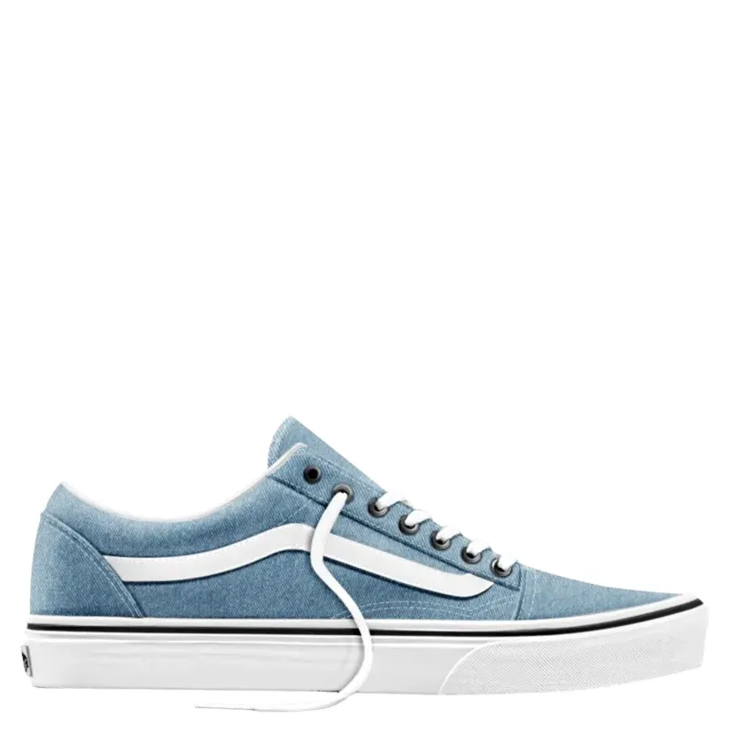 Lateral view of denim blue Vans Old Skool low-top shoe with a white leather Sidestripe, laces and vulcanized sole.