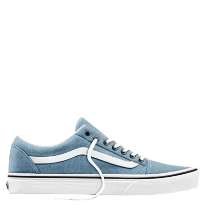 Lateral view of denim blue Vans Old Skool low-top shoe with a white leather Sidestripe, laces and vulcanized sole.