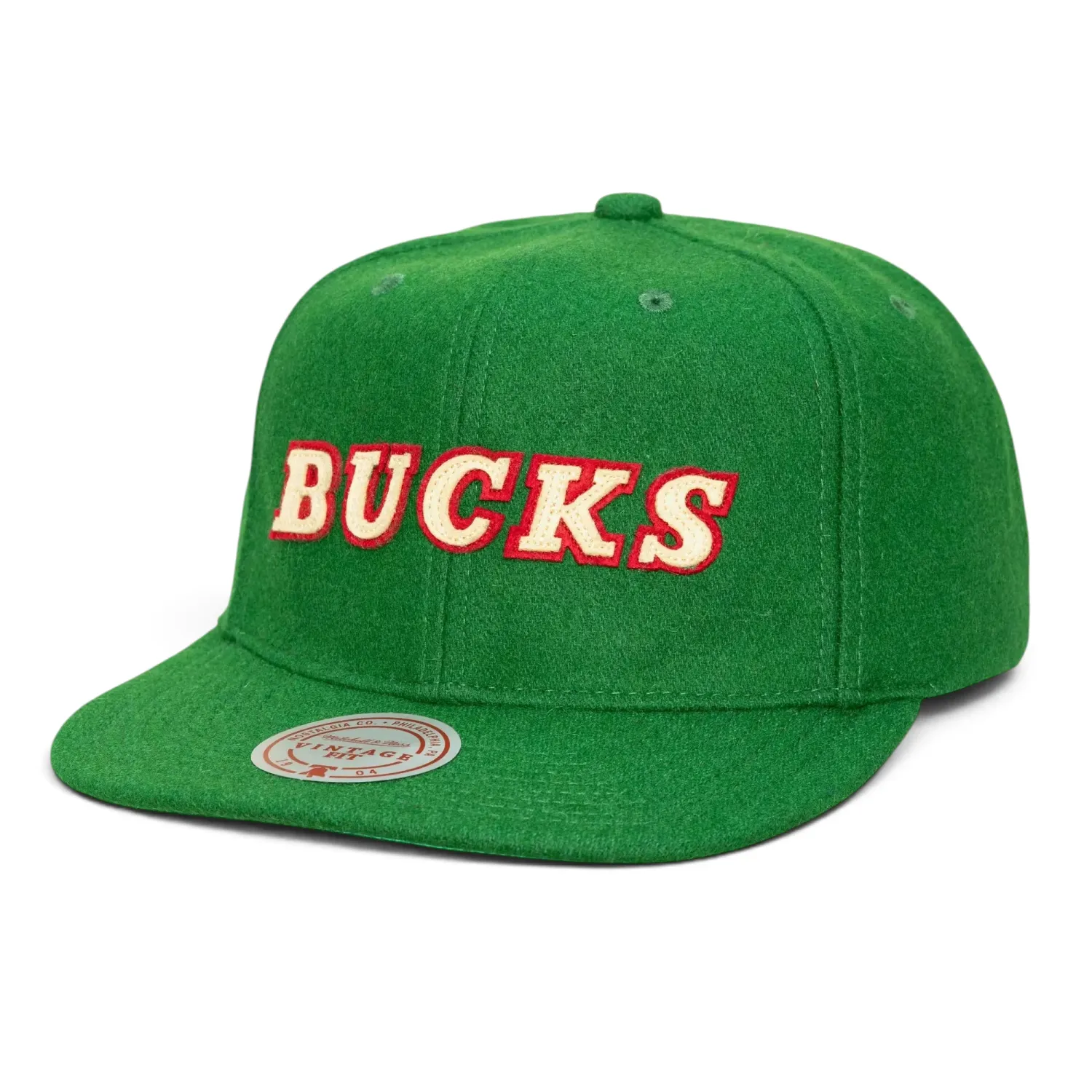 Mitchell &amp; Ness Milwaukee Bucks green melton strapback hat with cream and red stitched wordmark