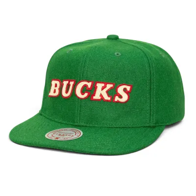 Mitchell &amp; Ness Milwaukee Bucks green melton strapback hat with cream and red stitched wordmark