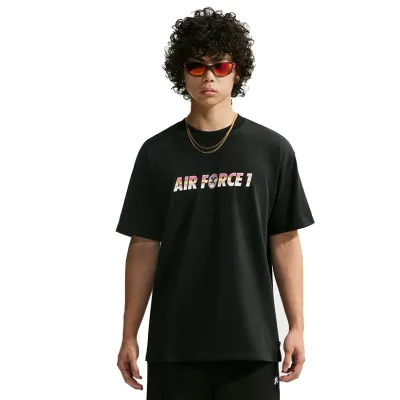 Front view of a model wearing the black Nike SB x Yuto tee with a multicolor Air Force 1 chest graphic.