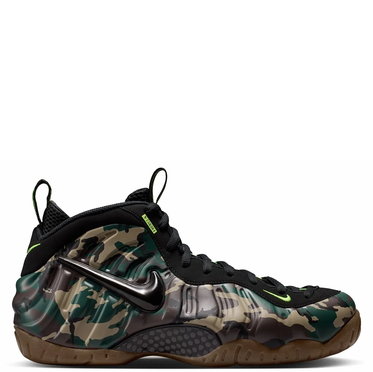 Medial profile of the Green Camo Foamposite Pro with black trim and a gum sole.