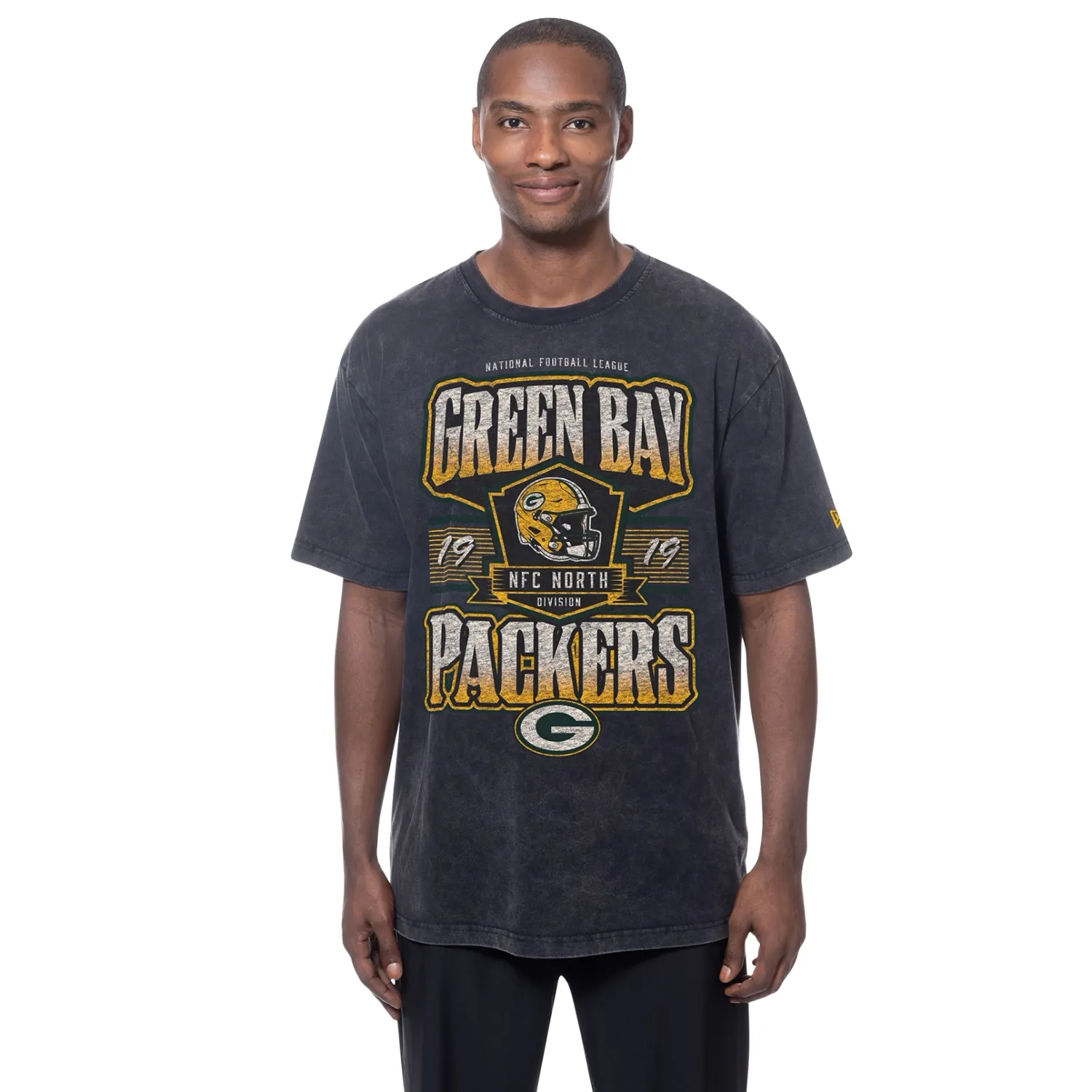 Front view of black New Era Packers mineral wash tee with distressed lettering, helmet artwork and team logo.