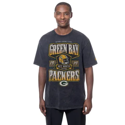 Front view of black New Era Packers mineral wash tee with distressed lettering, helmet artwork and team logo.