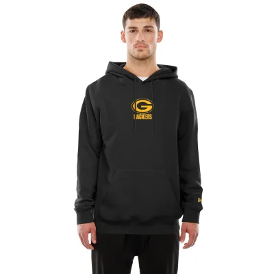 Front view of black New Era Packers Pigskin hoodie with a gold team logo, drawstring hood and kangaroo pocket.