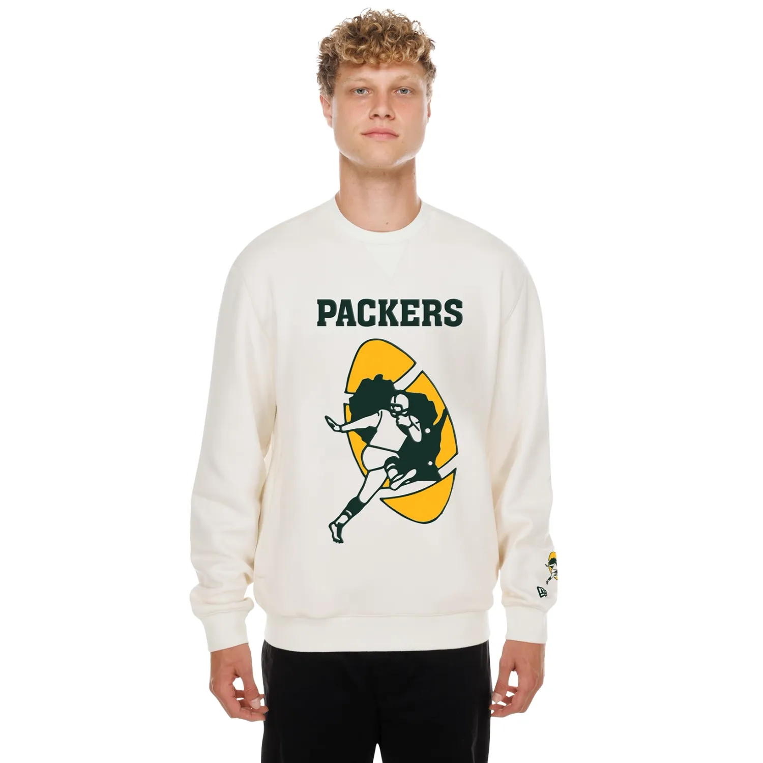 Front view of Dune Dust New Era Packers crewneck with green lettering and a gold vintage football player graphic.