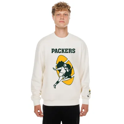 Front view of Dune Dust New Era Packers crewneck with green lettering and a gold vintage football player graphic.