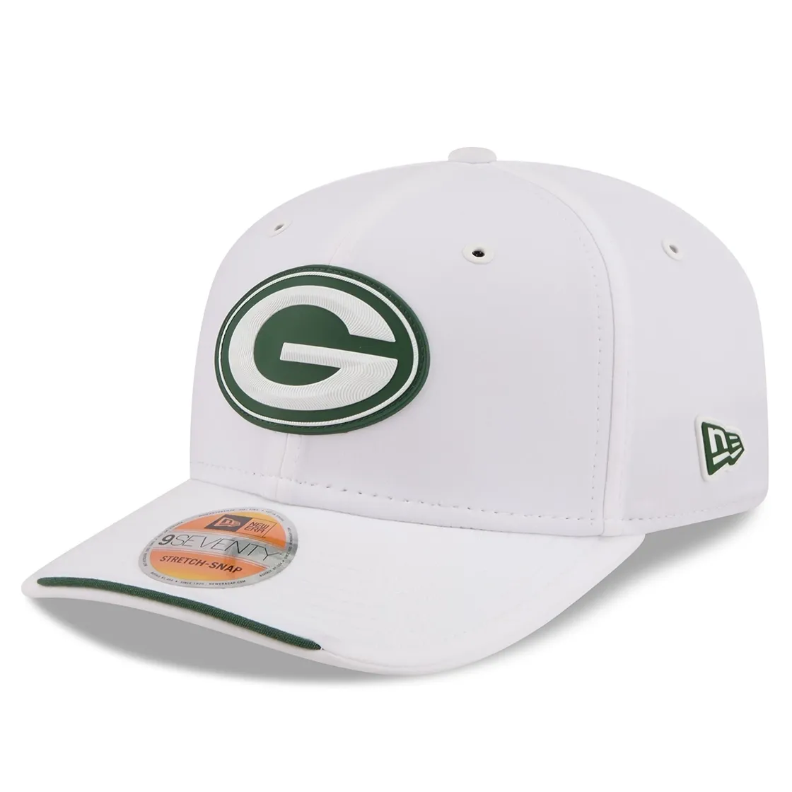 Left-angled view of white New Era Packers 9SEVENTY hat with a green silicone logo and curved visor accent.