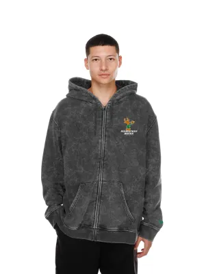 Model wearing black New Era Milwaukee Bucks Bango Mineral Wash Zip-Up Hoodie, front view