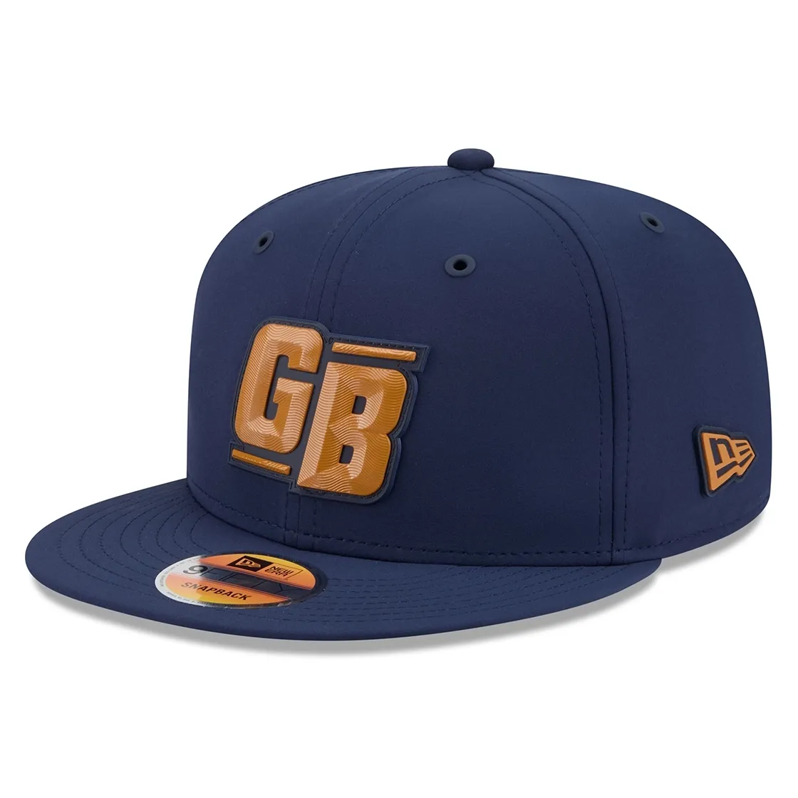 Left-angled view of navy New Era Packers 9FIFTY hat with a gold “GB” silicone logo and flat visor.