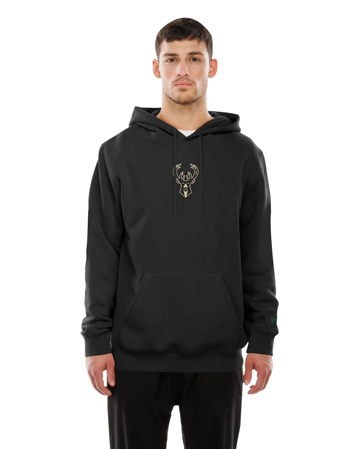 Model wearing black New Era Milwaukee Bucks Pebbling Pullover Hoodie with deer head chest logo, front view