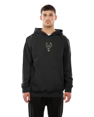 Model wearing black New Era Milwaukee Bucks Pebbling Pullover Hoodie with deer head chest logo, front view