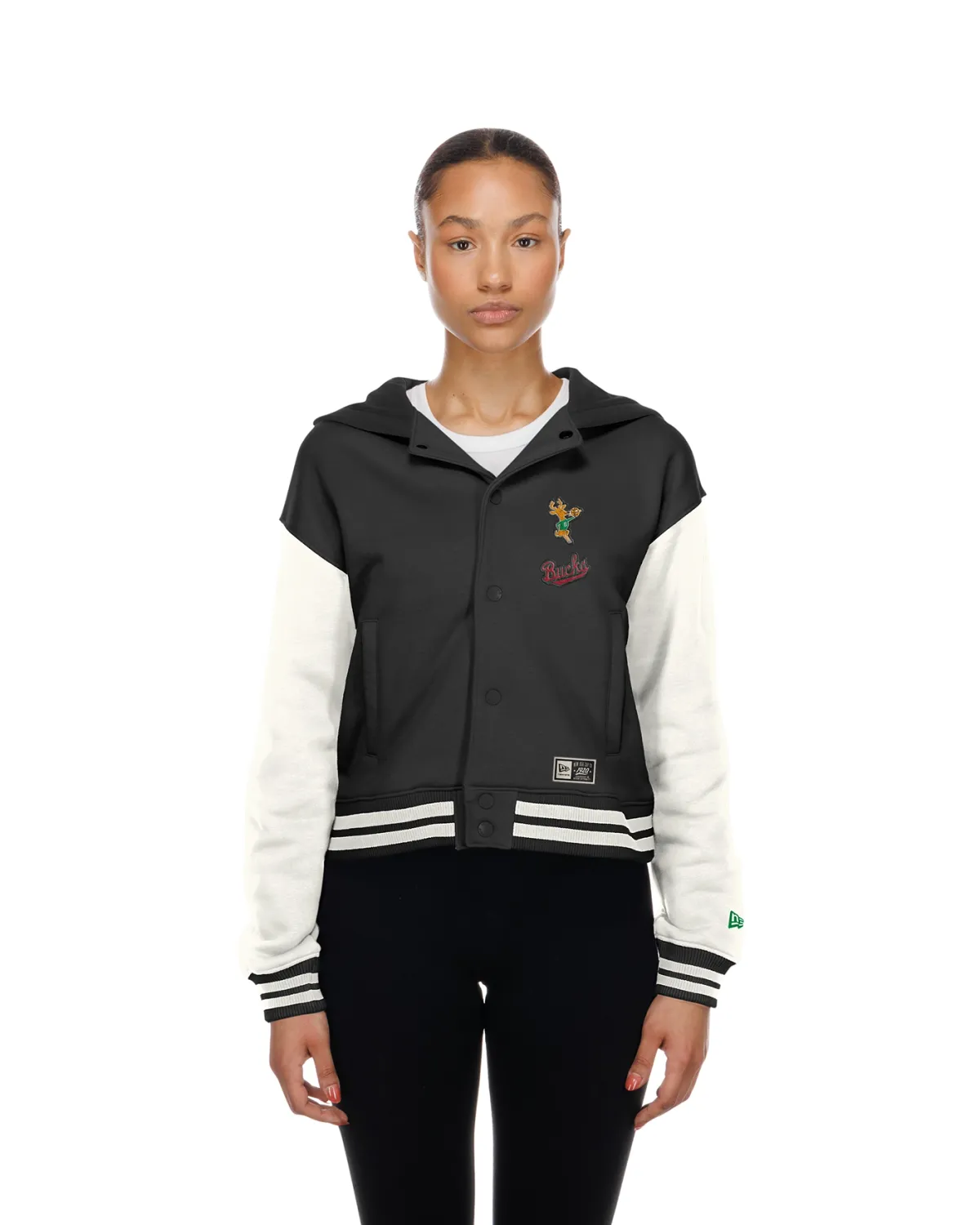 Front view of New Era Milwaukee Bucks women's Bango snap hooded jacket in black and white