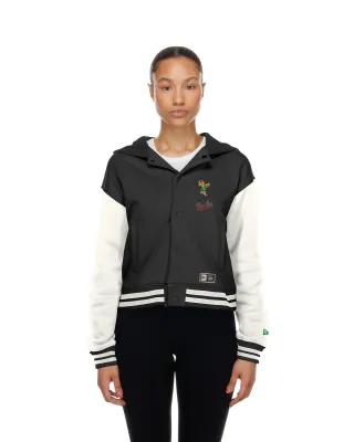 Front view of New Era Milwaukee Bucks women's Bango snap hooded jacket in black and white