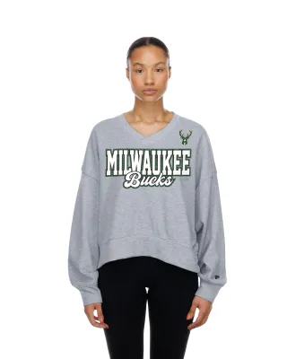Front view of New Era Milwaukee Bucks women's V-neck sweatshirt in heather grey with team graphics