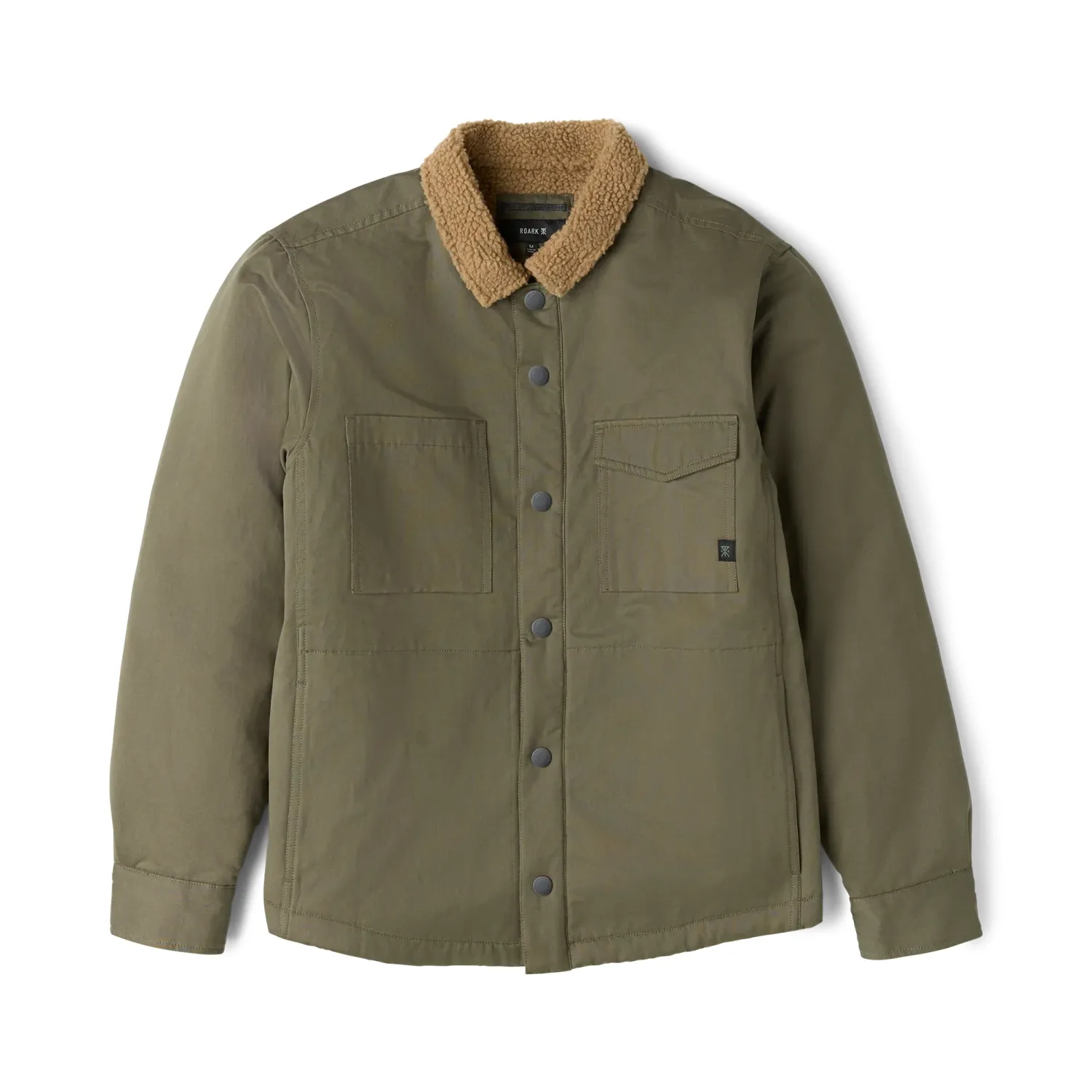 Front product view of the Military green sherpa jacket with snap closure and two chest pockets.