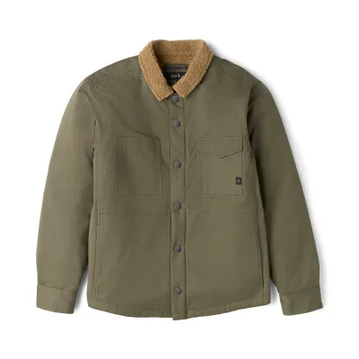 Front product view of the Military green sherpa jacket with snap closure and two chest pockets.
