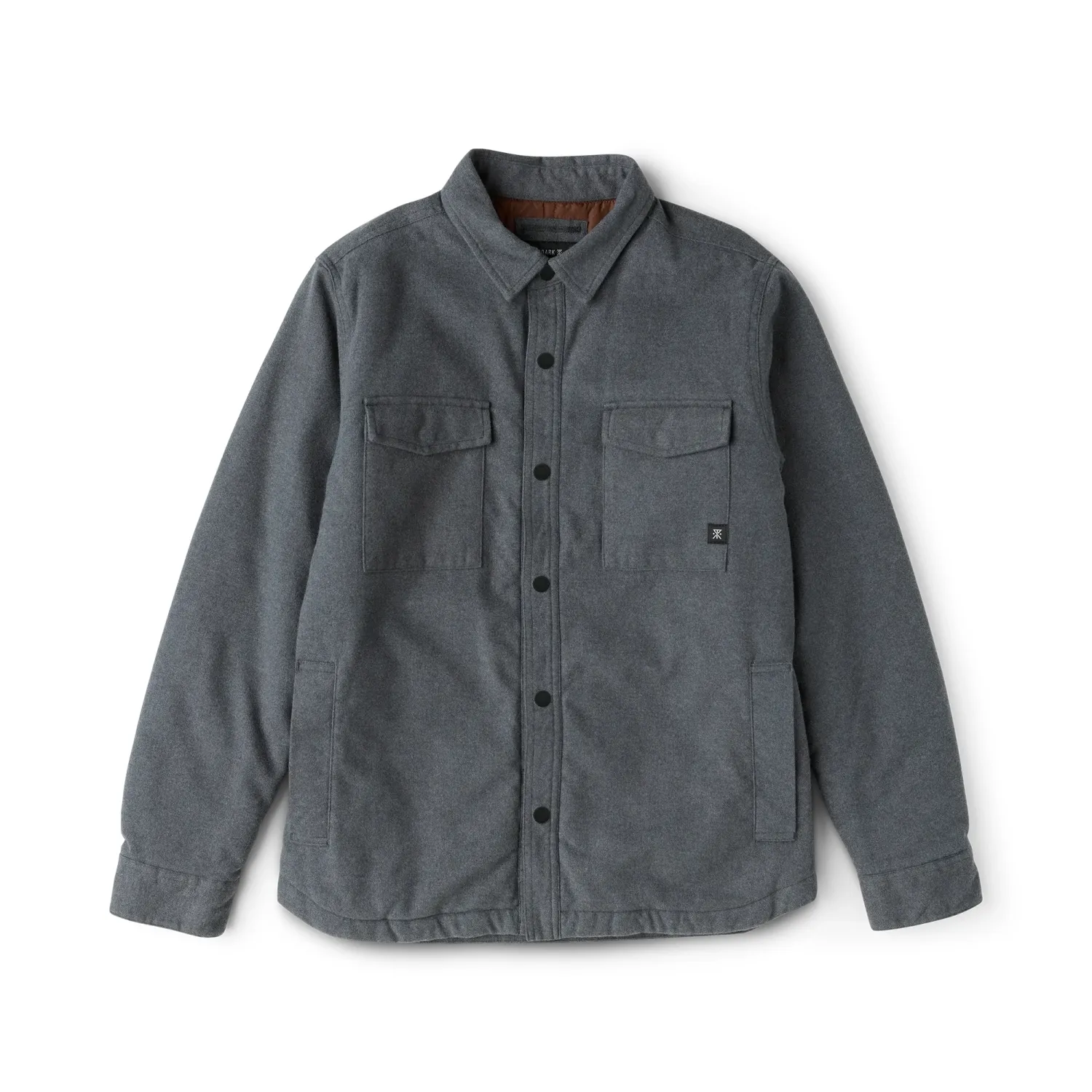 Front view of the Dark Slate Roark Backwoods Jacket with chest pockets and a full snap closure.