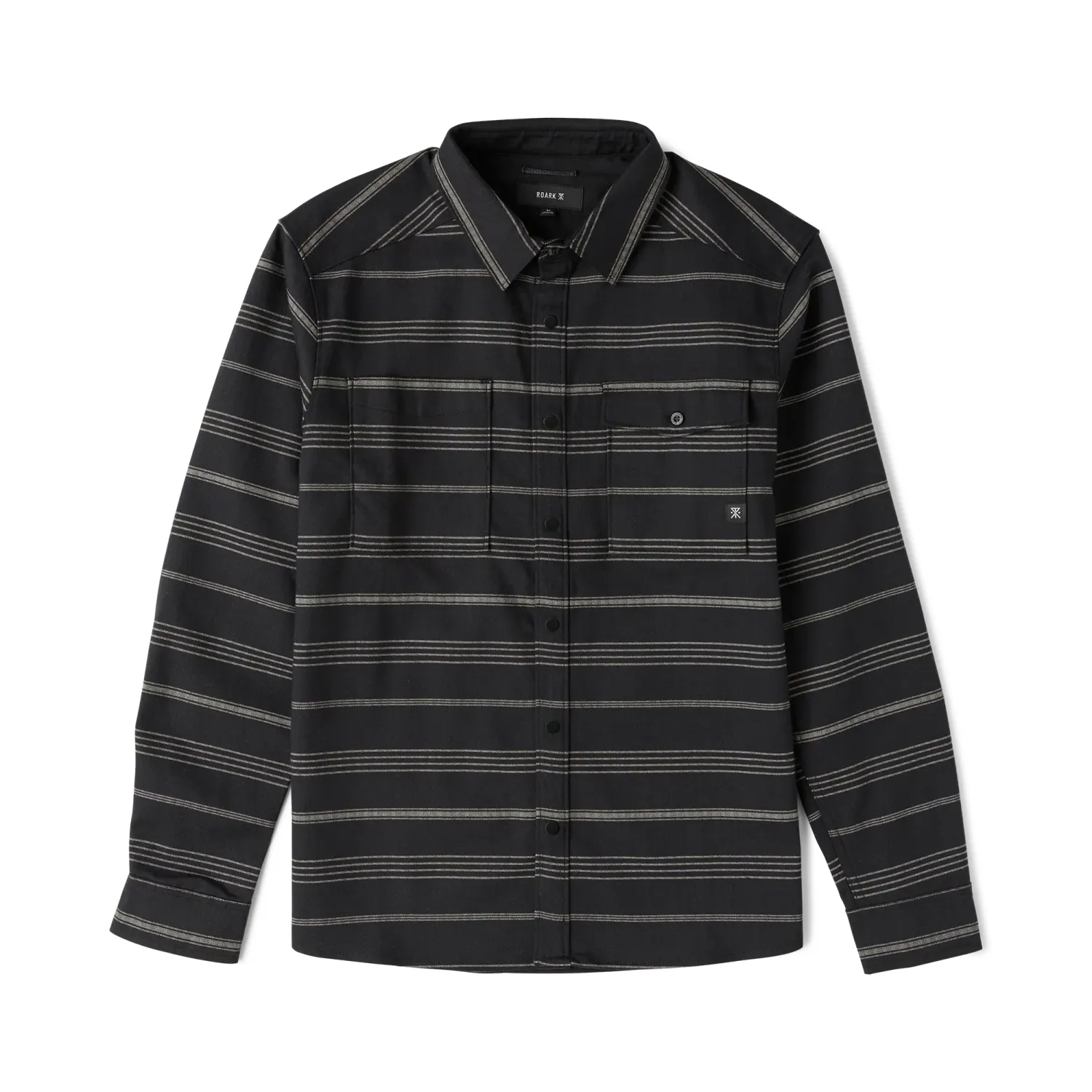 Front product view of the black striped flannel with snap closure, chest pockets and long sleeves.