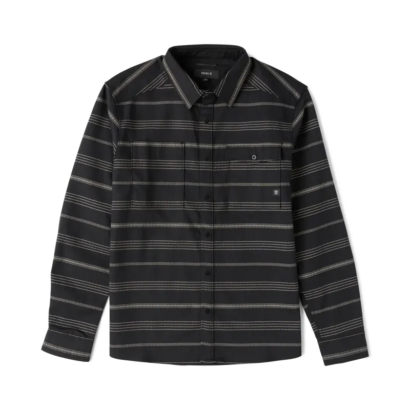 Front product view of the black striped flannel with snap closure, chest pockets and long sleeves.