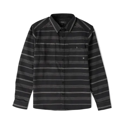 Front product view of the black striped flannel with snap closure, chest pockets and long sleeves.