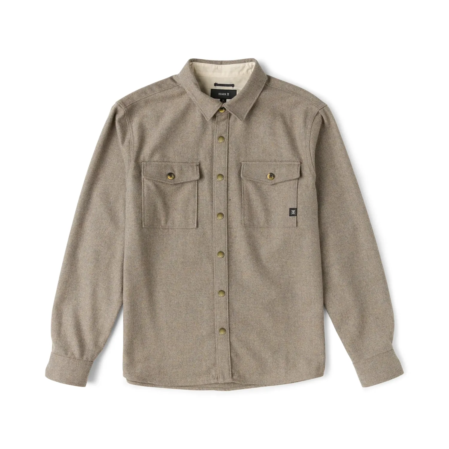Front product view of the Dusty Green flannel with brass-tone snaps and dual chest pockets.