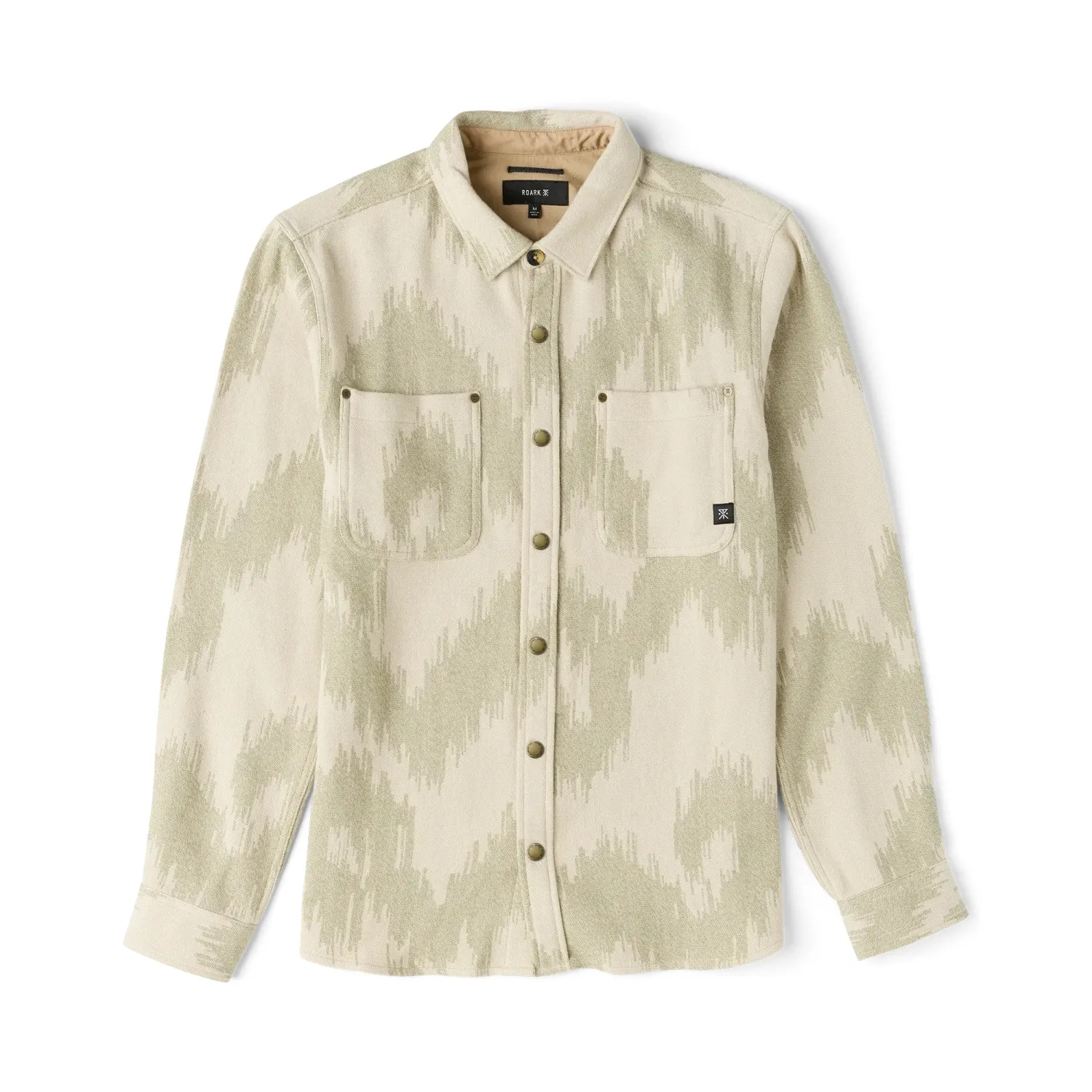 Front product view of the Oat flannel with a tonal woven pattern, snap front and dual chest pockets.