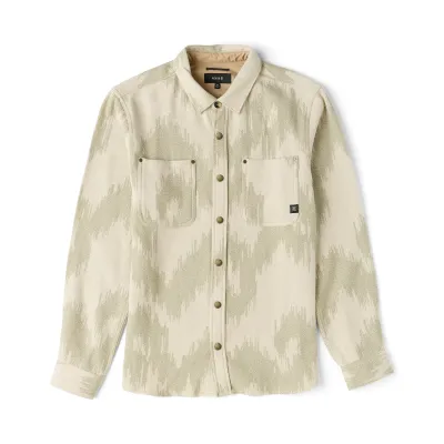 Front product view of the Oat flannel with a tonal woven pattern, snap front and dual chest pockets.
