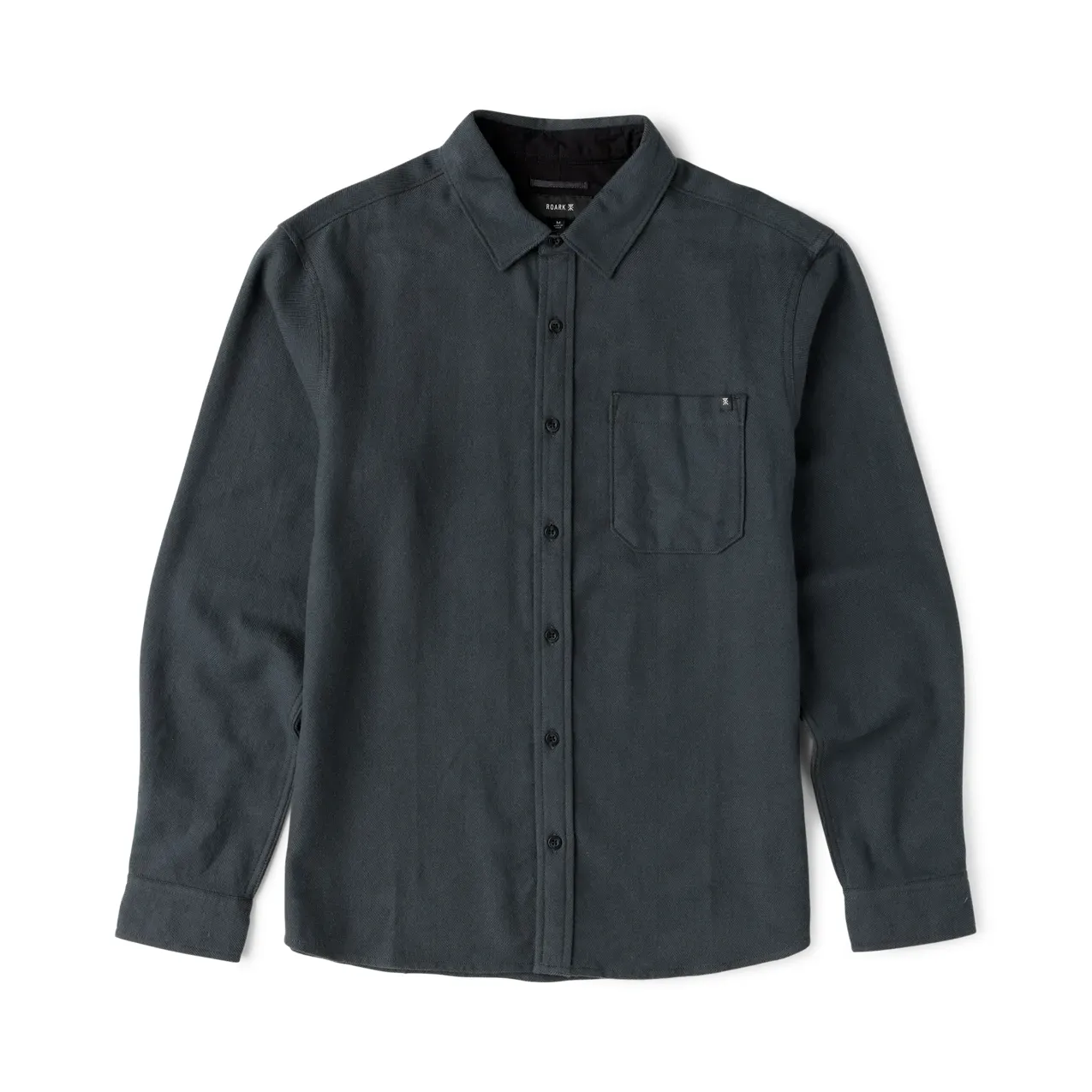 Front view of the Dark Charcoal flannel with black buttons, a pointed collar and single chest pocket.