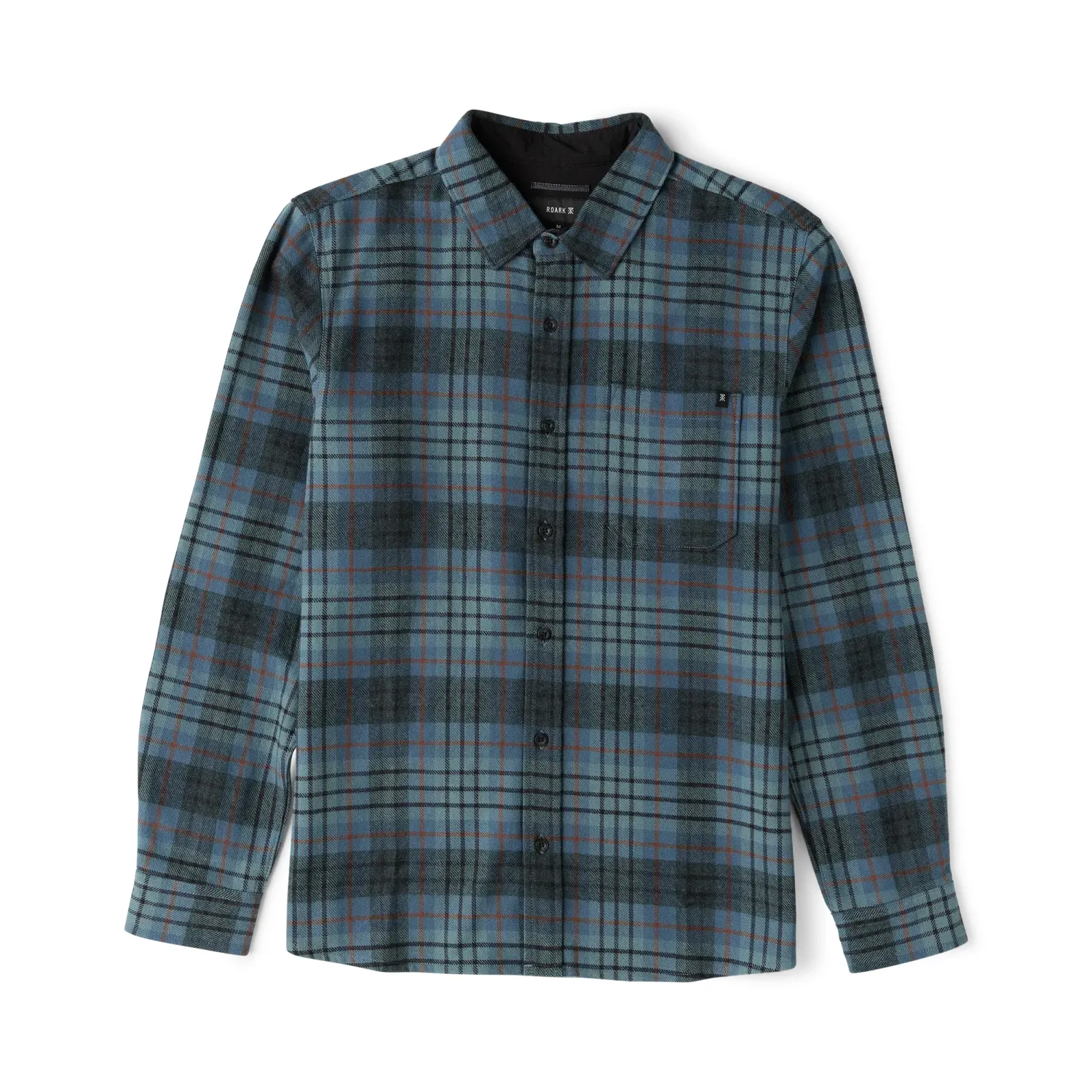 Front product view of the Roark Crossroads Dark Slate flannel with blue-gray, black and rust plaid.
