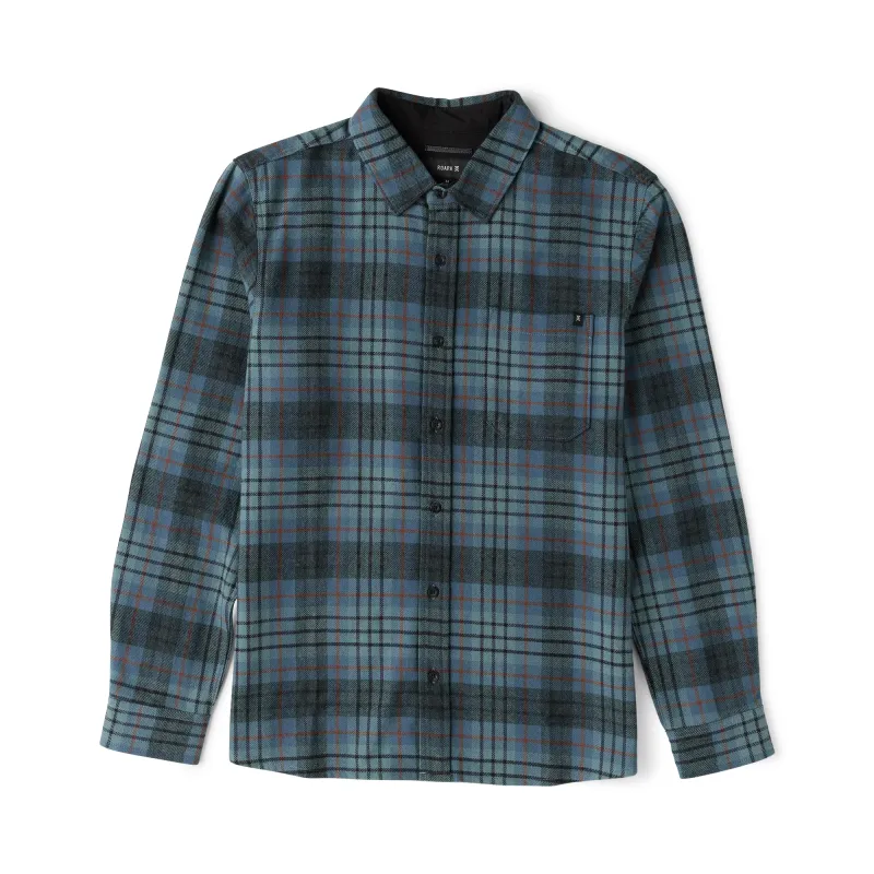 Front product view of the Roark Crossroads Dark Slate flannel with blue-gray, black and rust plaid.