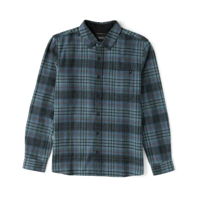 Front product view of the Roark Crossroads Dark Slate flannel with blue-gray, black and rust plaid.