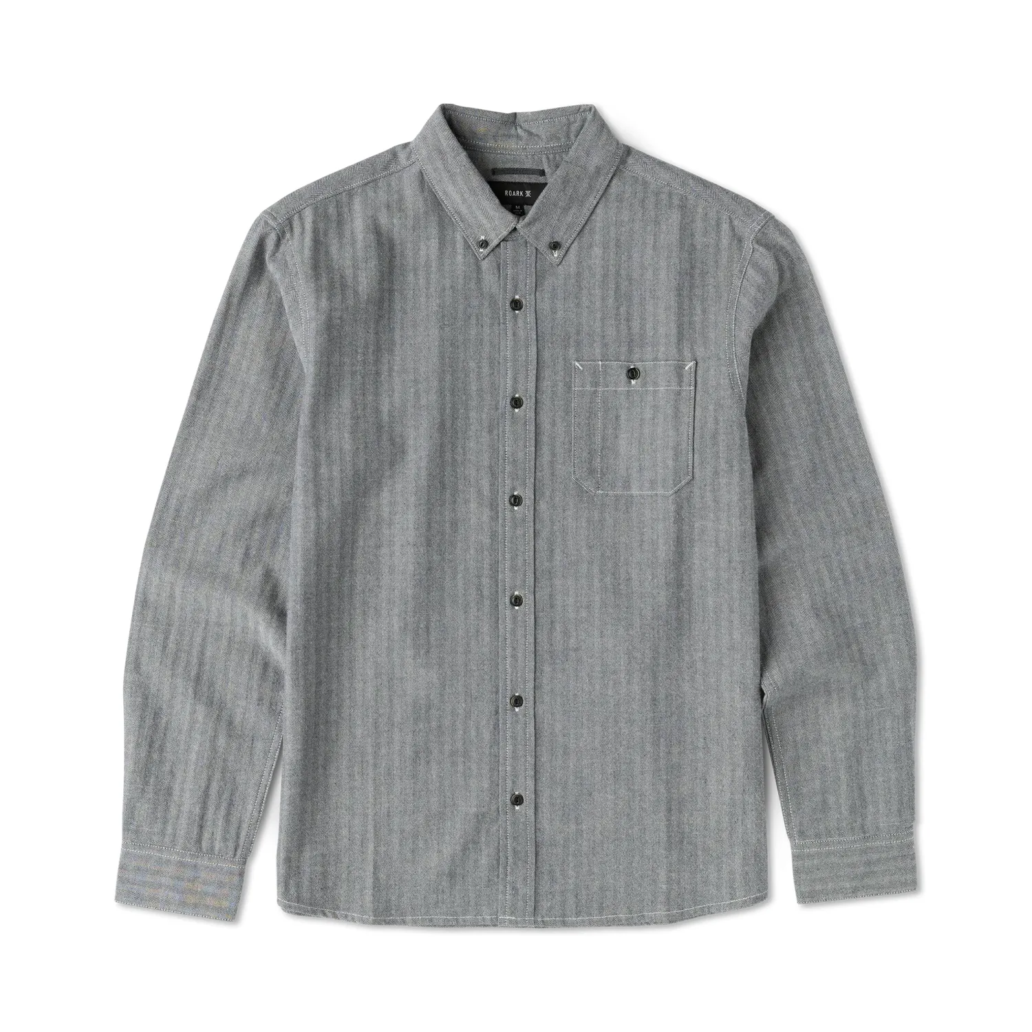 Front product view of the Indigo chambray shirt with a button-down collar and buttoned chest pocket.