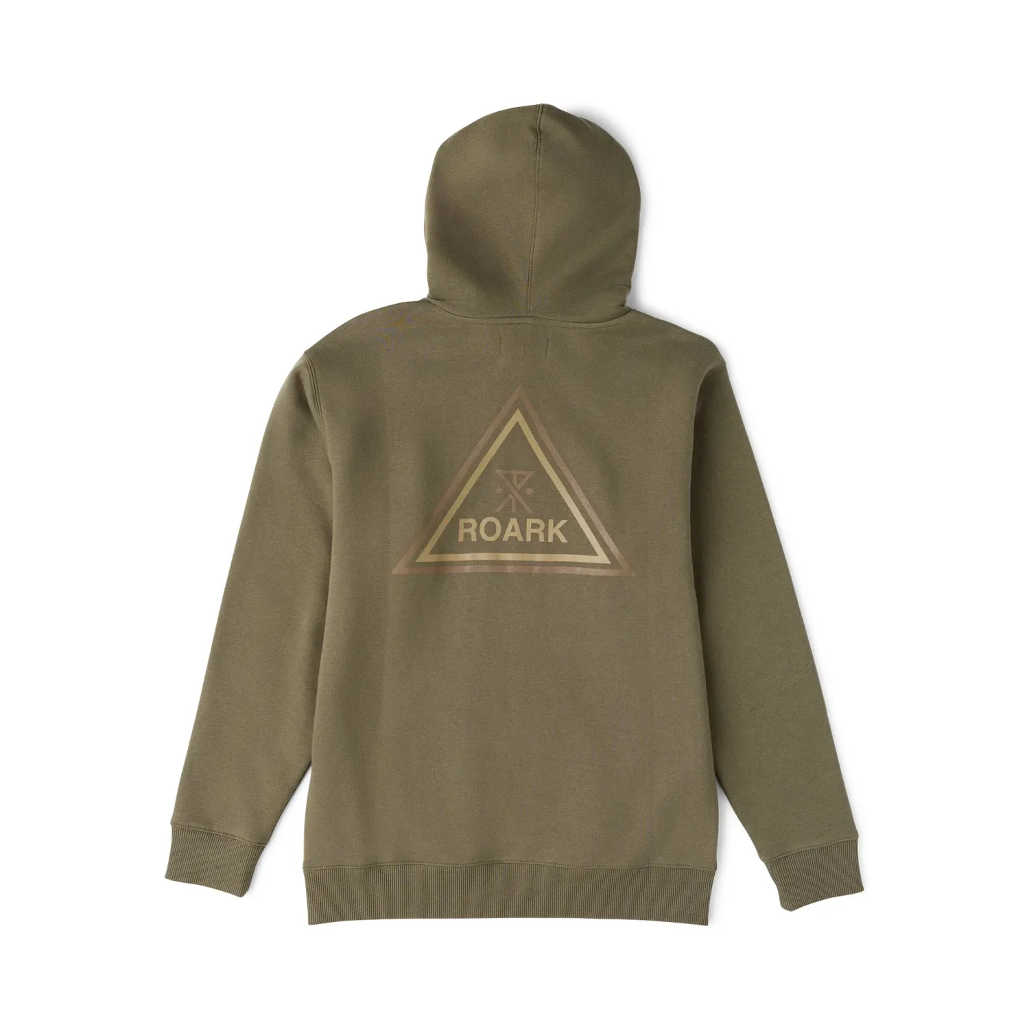 Back product view of the Military hoodie showing the large multicolor Roark Tri Camp graphic.