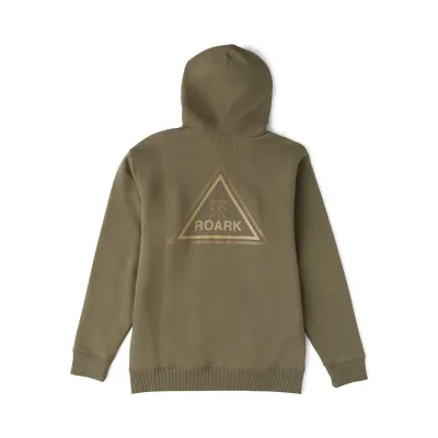 Back product view of the Military hoodie showing the large multicolor Roark Tri Camp graphic.