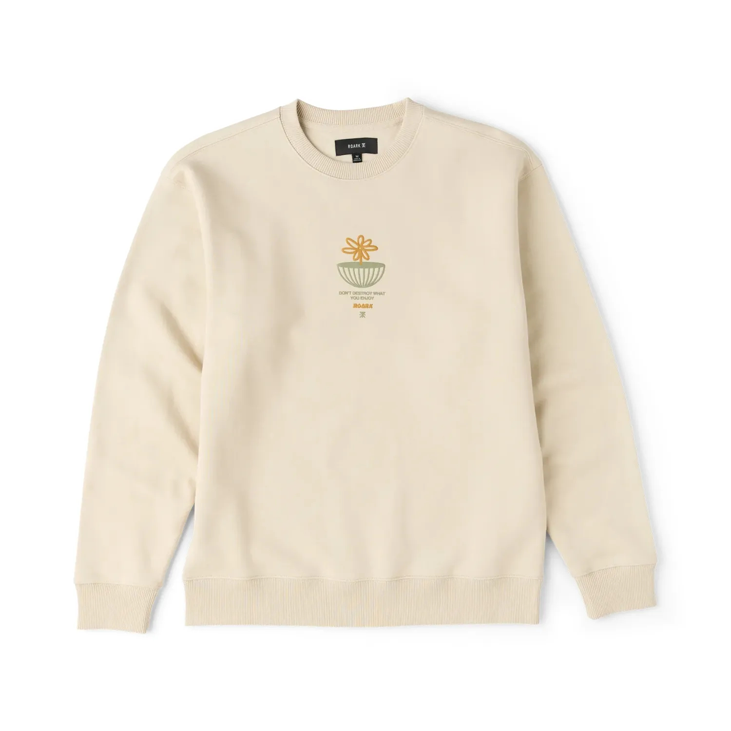 Front product view of the Sand crewneck with a flower globe and “Don’t Destroy What You Enjoy” graphic.